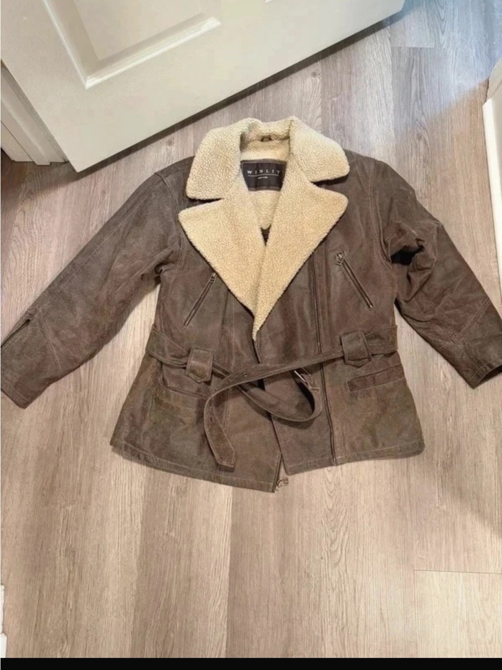 Vintage Winlit Brown Genuine Leather Sherpa Collar Belted Moto Jacket